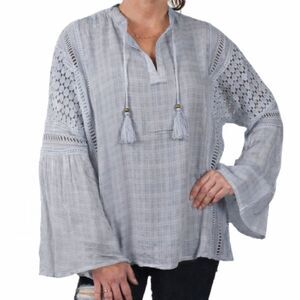 Vintage Havana Womens S Blue Grey Crochet Eyelet Bell Sleeve Peasant Top